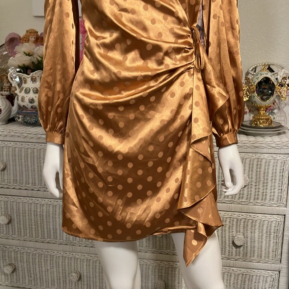 Moodie Wrap Dress Textured with Long Sleeves & Polka Dots in Gold color Size S - Picture 8 of 10